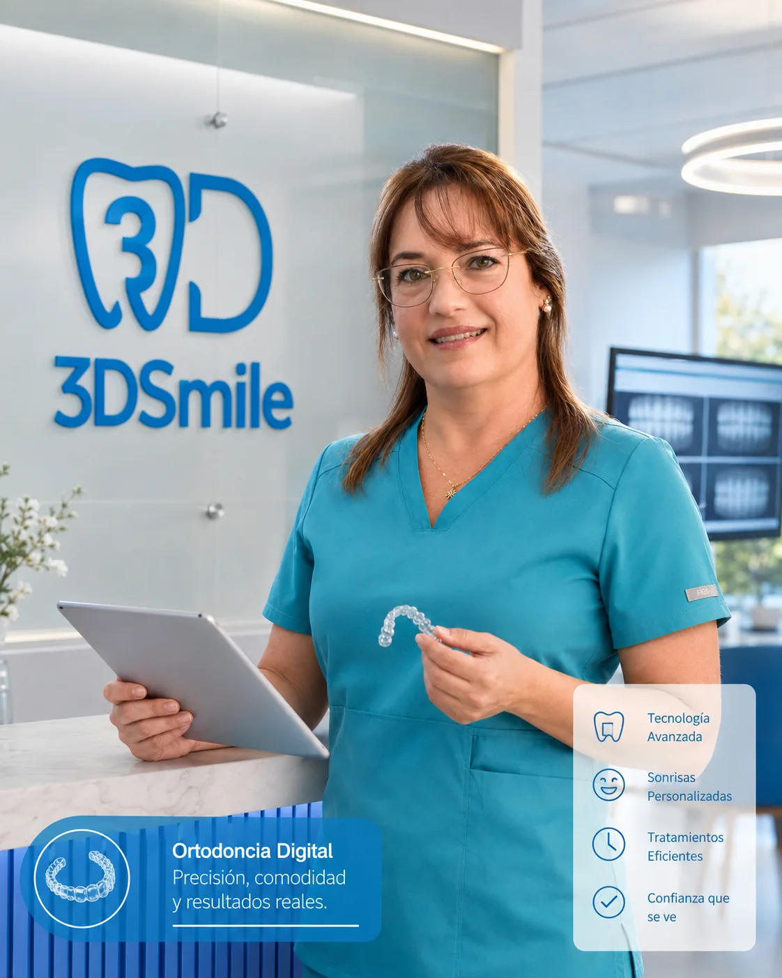 Dra. Katerine Carracedo mostrando un alineador transparente y una tablet